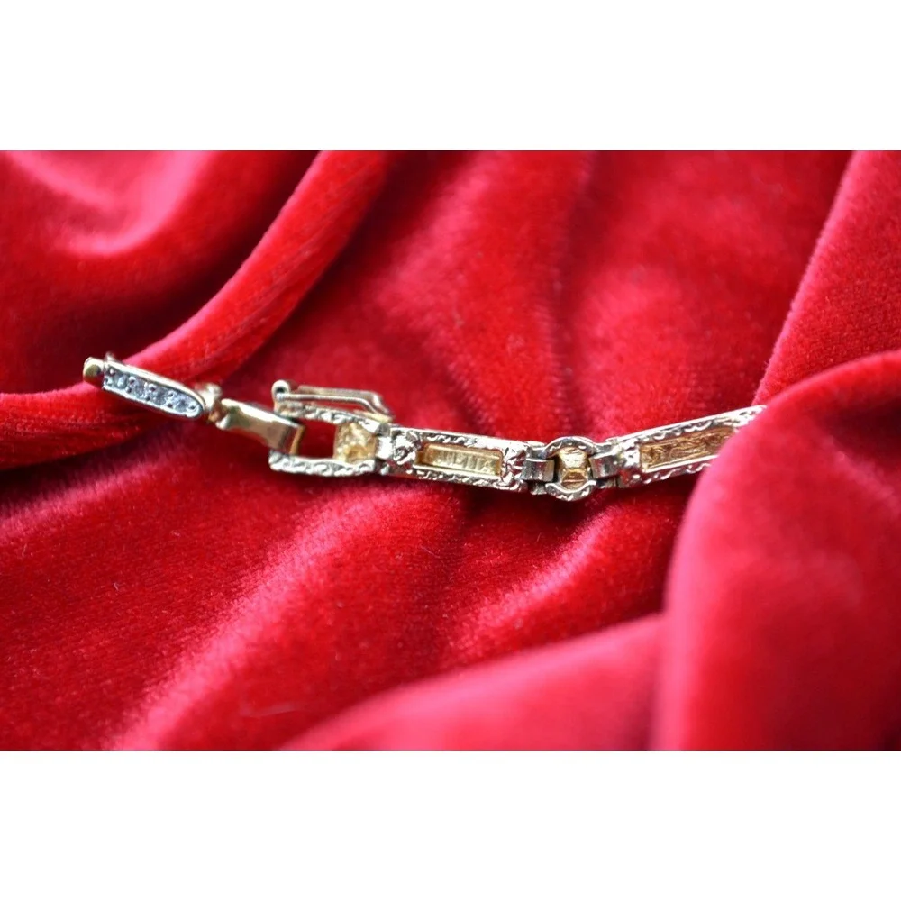 Panetta Vintage Gold Tone Rhinestone Link Bracelet Fold Over Clasp 7.5 Inch
